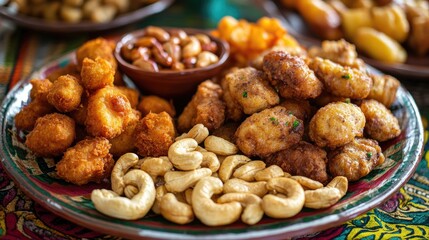 Fototapeta premium A vibrant platter of assorted fried snacks including golden fritters. crunchy nuts. and sweet treats. set against a rustic table with traditional decor in the background