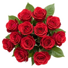 Obraz premium Bouquet of beautiful red roses with green leaves, isolated on white background