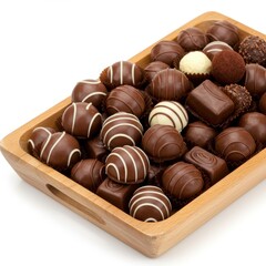 Obraz premium Chocolates in a wooden tray isolated on white background