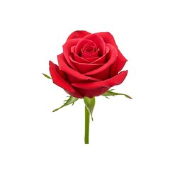 Fototapeta premium A single red rose with stem and leaves, studio shot, isolated on white background