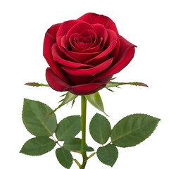 Single red rose on white background symbolizing love and beauty