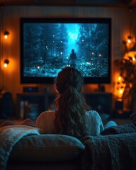 a person with long hair sitting on a couch watching a movie on a large tv screen in a dimly lit cozy room with warm lights and blankets