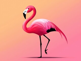 Fototapeta premium Bright pink flamingo standing on one leg with clean gradient background in warm peach and pink tones