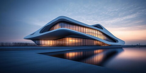 Fototapeta premium Modern futuristic building with smooth curved architecture and large glass windows reflecting warm interior lighting at dusk over still water