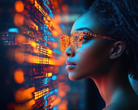 Focused woman wearing reflective glasses looking at glowing digital code on screen with intense blue and orange lighting