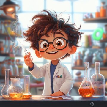 Cheerful young scientist with large glasses conducting colorful chemistry experiment in a bright laboratory filled with glass beakers and flasks emitting smoke