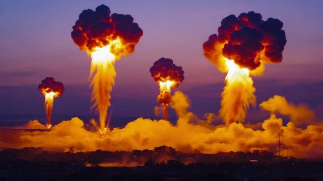 A vast field under a starry night sky, featuring multiple mushroom clouds rising from simultaneous nuclear explosions with bright orange and white fireballs