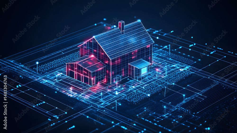 Aufkleber Futuristic house wireframe glowing with technology. Digital architecture blueprint on dark background, representing innovation and modern design. Abstract wireframe in dark blue.