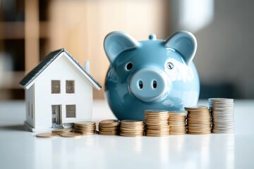 Blue piggy bank next to a white miniature house model with ascending stacks of coins on a reflective surface symbolizing savings and financial growth