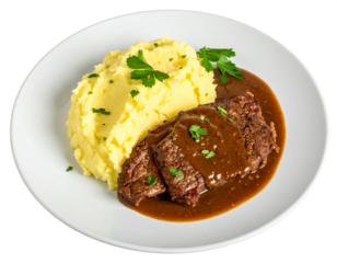 a plate of Salisbury Steak and Mashed Potatoes isolated on white background