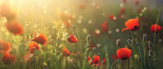 Fototapeta premium A vibrant field of red poppies swaying gently in a serene evening breeze. surrounded by lush green foliage under a twilight sky. perfect for nature-themed projects