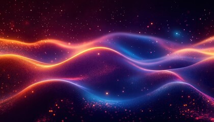 Fototapeta premium Abstract waves of glowing particles in vibrant orange and blue hues create a dynamic and futuristic visual landscape filled with sparkling light dots
