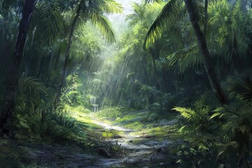 Obraz premium Lush tropical forest path. Sunlight streams through dense foliage