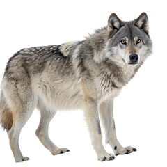 Fototapeta premium Majestic gray wolf standing proudly with intense gaze isolated on white background