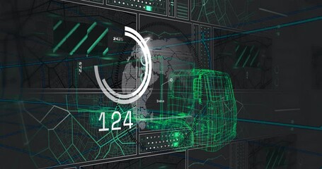 Futuristic 3D interface showing wireframe truck model with data panels and dotted globe overlays - Powered by Adobe