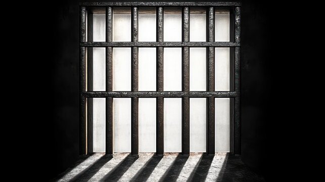Close-up of dark metal prison bars casting shadows on a concrete surface with bright light shining through from outside