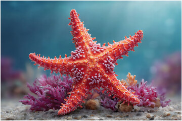 bright and flat vector illustration close-up of a bright orange starfish with five arms on a stylized seabed with colorful coral,