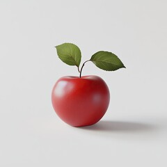 Single red apple with two green leaves on a plain white background.  A glossy, realistic depiction of a whole apple