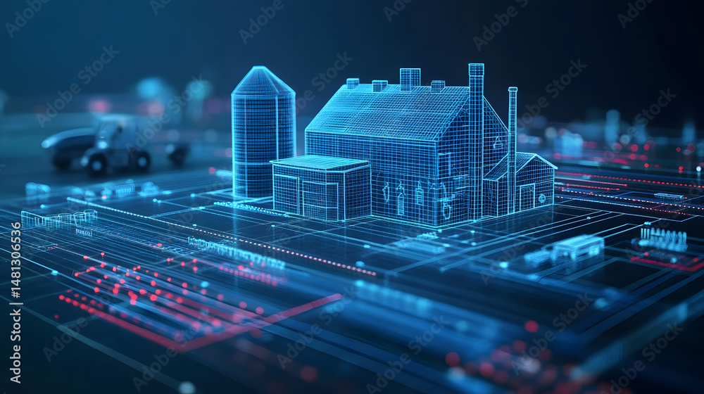 Aufkleber Futuristic blue wireframe scene showcasing a house, silo, and garage on a glowing grid. Suggests advanced tech and interconnectedness with a blurred vehicle outline. Abstract wireframe in dark blue.