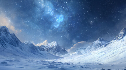 Frozen Serenity: The pristine expanse of a snow-covered mountain range under a vibrant night sky, painted in hues of blue and white.