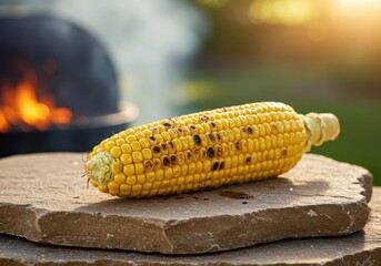 Grilled Corn on the Cob with Charred Spots Sitting on Stone Surface at Sunset in the Background with Blurred Grill and Smoke