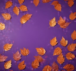 Dry orange metallic leaves, violet backdrop  Geometric autumnal design , modern, abstract, gold