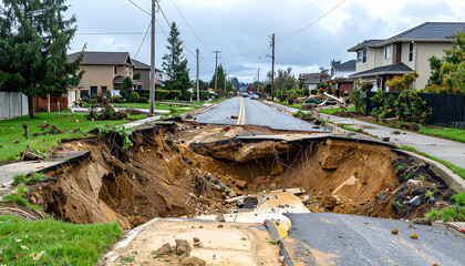 Fototapeta premium 地盤沈下の道路。地震における地盤沈下の被害状況イメージ。Subsiding road. Image of damage caused by subsidence due to an earthquake.