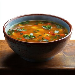 Close-up of a bowl filled with vegetable soup garnished with fresh herbs on a wooden surface