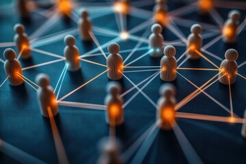 Wooden human figures connected by illuminated lines on a dark surface representing networking and interconnected relationships