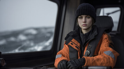 Young Female Captain at Helm of Ship in Rough Seas