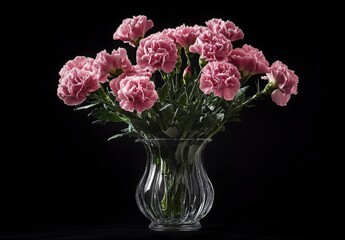 Obraz premium Pink Flowers In Glass Vase Dark Background Still Life Image