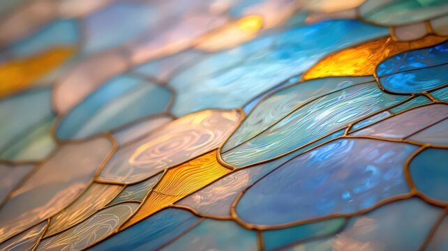 Close-up of Colorful Stained Glass with Blue and Gold Hues
