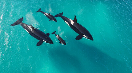 Aerial View of Orca Family Swimming in Turquoise Ocean