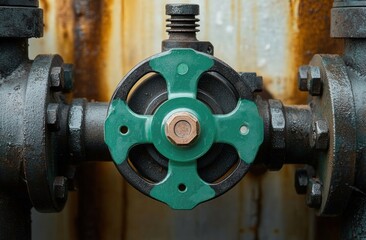 Close-up of a green valve handle on a rusted industrial pipe with bolts and metal background