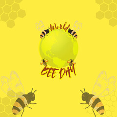 Celebrate World Bee Day with a vibrant vector banner illustration, honoring bees' vital role in pollination and biodiversity. Perfect for awareness campaigns and eco-themed promotions 002