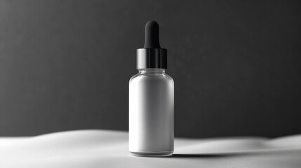 Transparent dropper bottle with black cap standing on white textured surface against dark background conveying minimalistic and modern feel