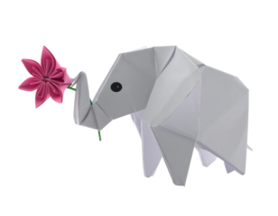 Origami Elephant with Pink Flower on Transparent Background