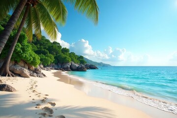 Serene beach background, idyllic coastal scene with calm ocean and soft sand , water, calm