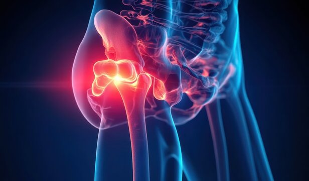 3d medical illustration showing focused inflammation or pain in the hip joint area with transparent skeletal pelvis and femur bones