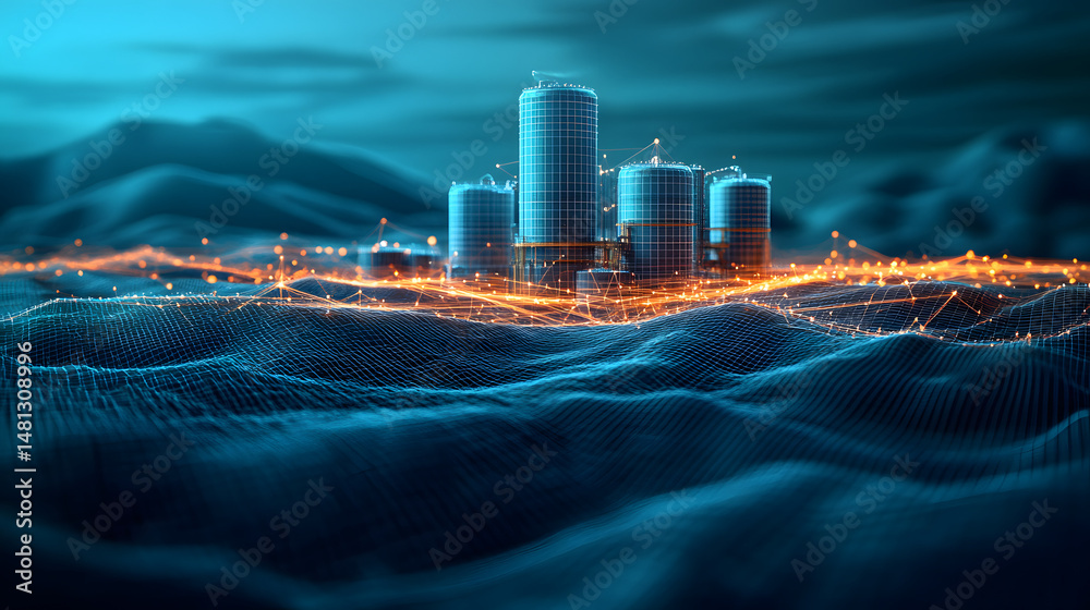 Aufkleber futuristic city blending nature and technology. orange networks connect grid-like buildings above a 