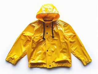 Bright yellow shiny rain jacket with hood and black drawstrings laid flat on white background, evoking a sense of readiness for wet weather