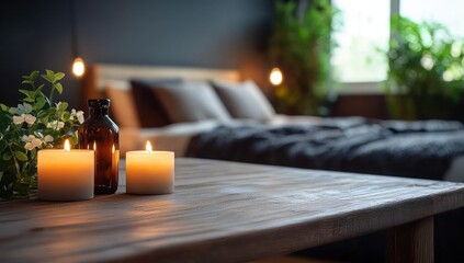 Cozy bedroom scene with softly glowing candles on a wooden table and blurred bed with pillows and blankets, surrounded by ambient lighting and greenery by the window