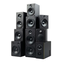 Fototapeta premium Professional stack of black audio speakers in pyramid formation, high quality studio equipment for music production, tech industry ads, retail displays. Isolated on transparent background.
