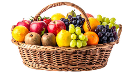 Picnic basket filled with fruits, isolated on transparent background, high quality photo