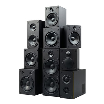 Professional stack of black audio speakers in pyramid formation, high quality studio equipment for music production, tech industry ads, retail displays. Isolated on transparent background.