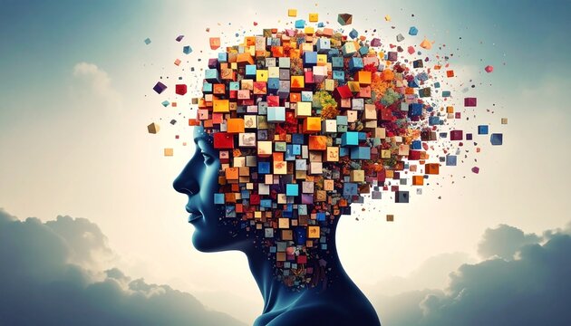 Colorful Cubes Exploding from a Person's Head Abstract Mind Concept Art