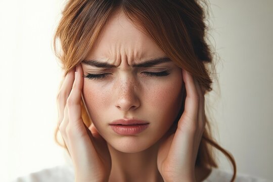 Close-up of a young woman with closed eyes holding her temples, showing a pained or stressed expression with furrowed brows and slightly parted lips