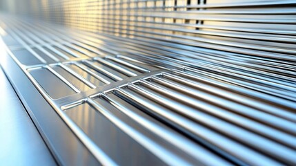 Close-up view of shiny metallic parallel bars and grids with reflective surfaces creating a futuristic and sleek atmosphere