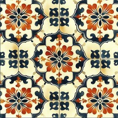 Fototapeta premium Seamless geometric tile pattern with floral and ornamental motifs in orange, navy blue, and cream colors creating a symmetrical, vintage decorative design