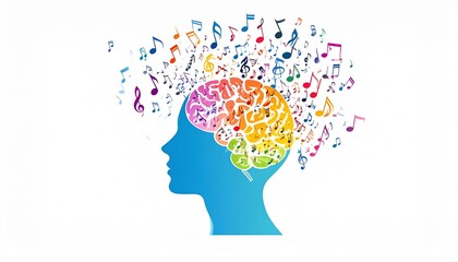 Colorful Music Notes Flowing From a Human Brain Creative Mind Concept